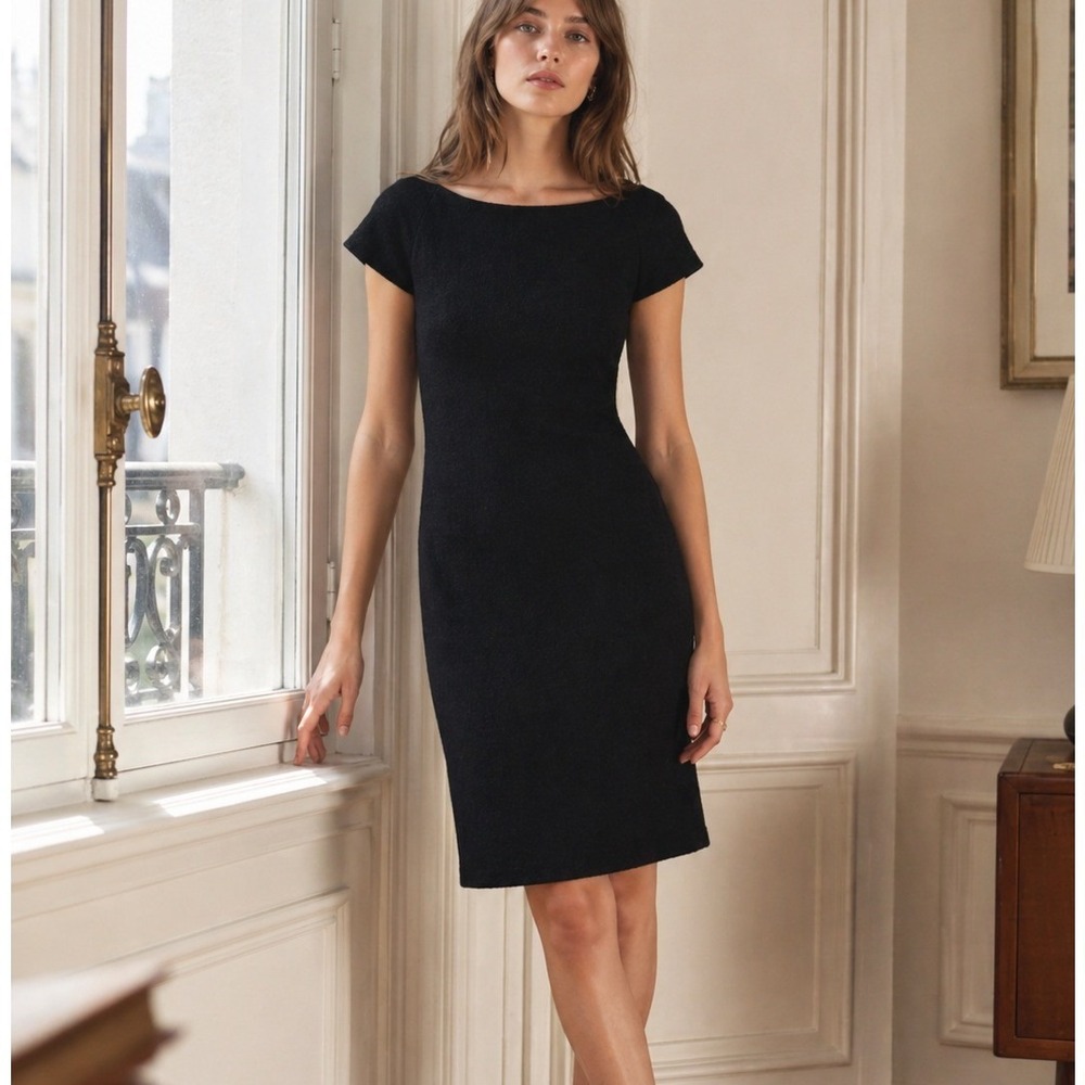 Mango Black Textured Sheath Midi Dress Cap Sleeve Stretch Career Size 8